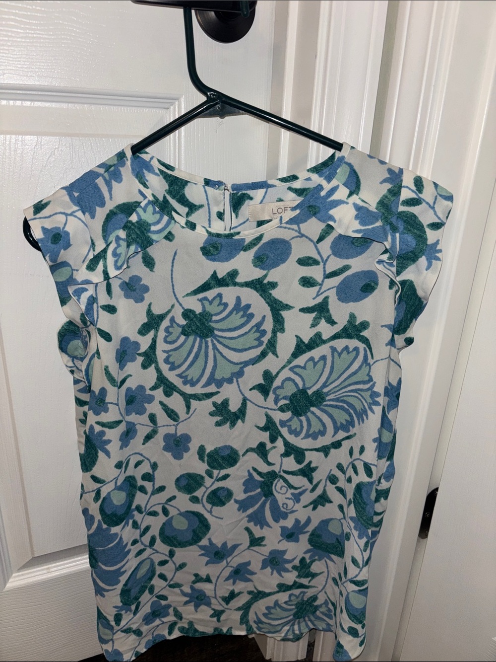 LOFT Cream Floral Ruffle Sleeve Blouse- Blue & Green Print